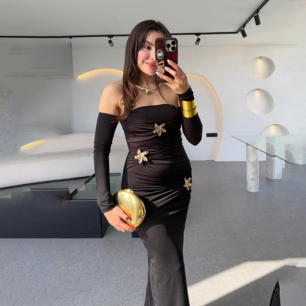 Pleated Long Sleeved Women Dress Fashionable Sexy Sheath Slim Fit Dress Bella Mia